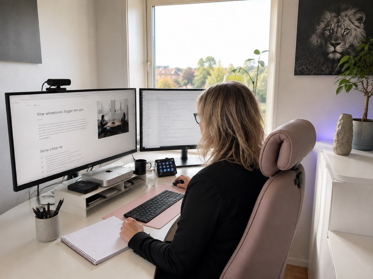Jenniefer Kindstrands arbetsplats med två skärmar.