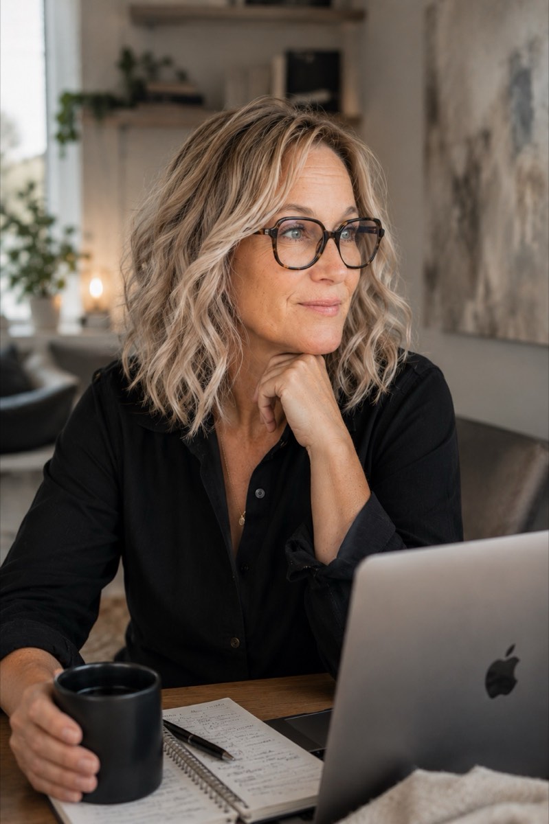 Jenniefer Kindstrand vid laptopen med en kopp kaffe.