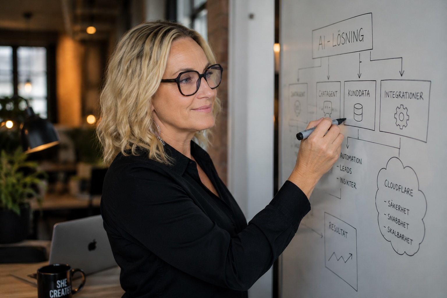Jenniefer ritar systemarkitektur på whiteboard